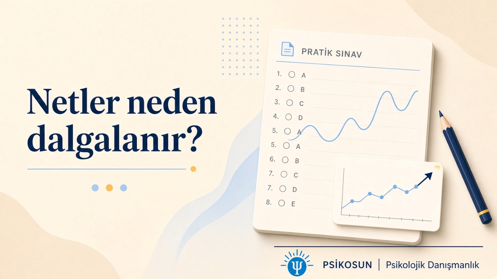 “Netler neden dalgalanır?” başlığı yanında mavi dalga çizgili deneme kâğıdı, yükselen grafik kartı ve kalem