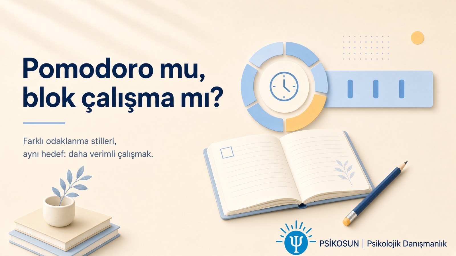 “Pomodoro mu, blok çalışma mı?” başlığı yanında bölmeli zamanlayıcı halkası, uzun mavi çalışma bloğu, defter ve kalem