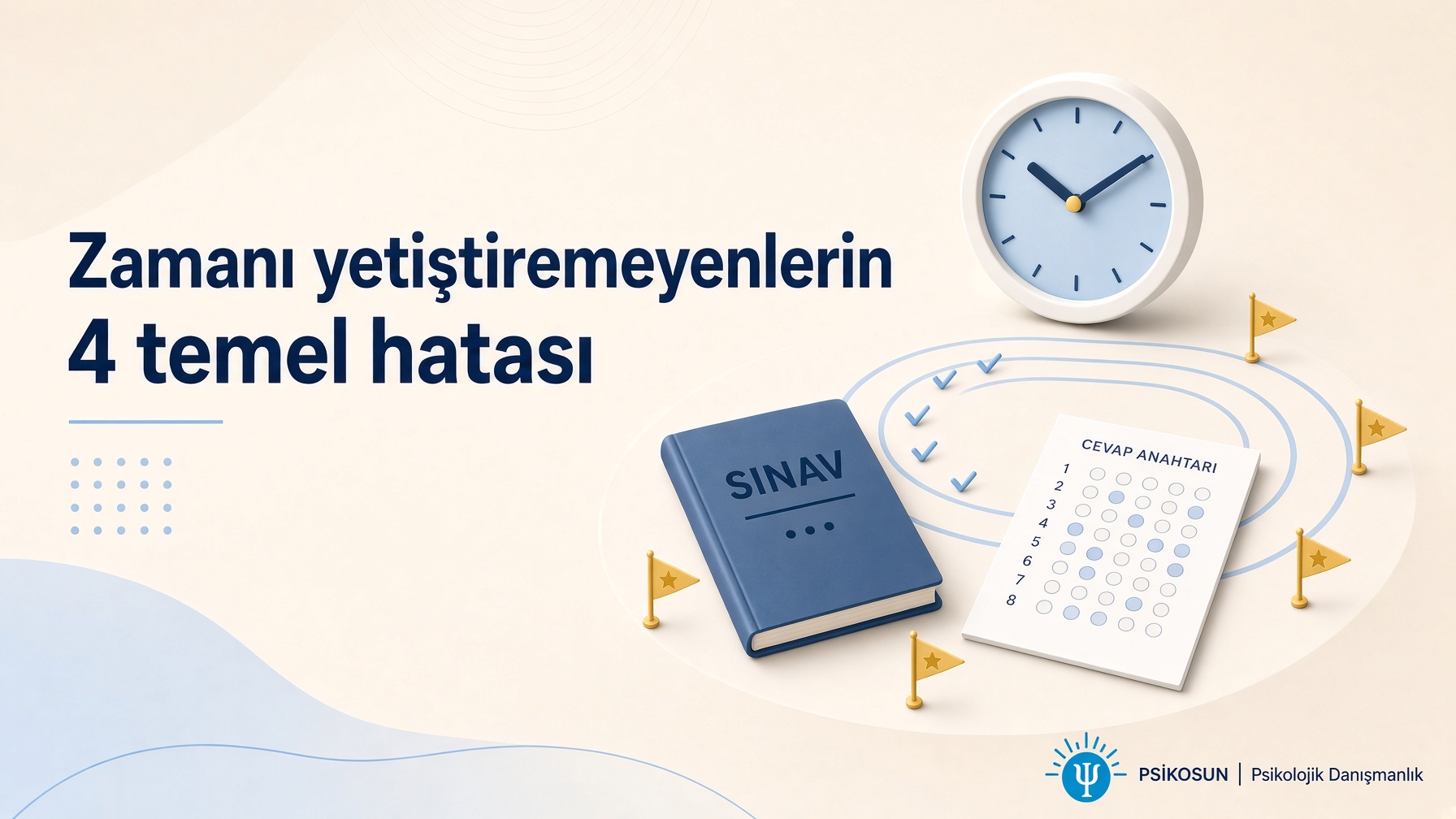“Zamanı yetiştiremeyenlerin 4 temel hatası” başlığı yanında duvar saati, soru kitapçığı ve iki turlu işaretli parkur