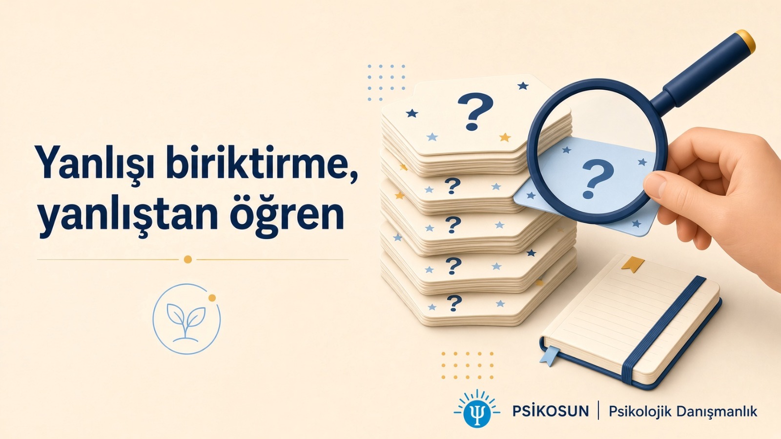 “Yanlışı biriktirme, yanlıştan öğren” başlığı yanında soru kartı yığınından kart çeken el, büyüteç ve not defteri
